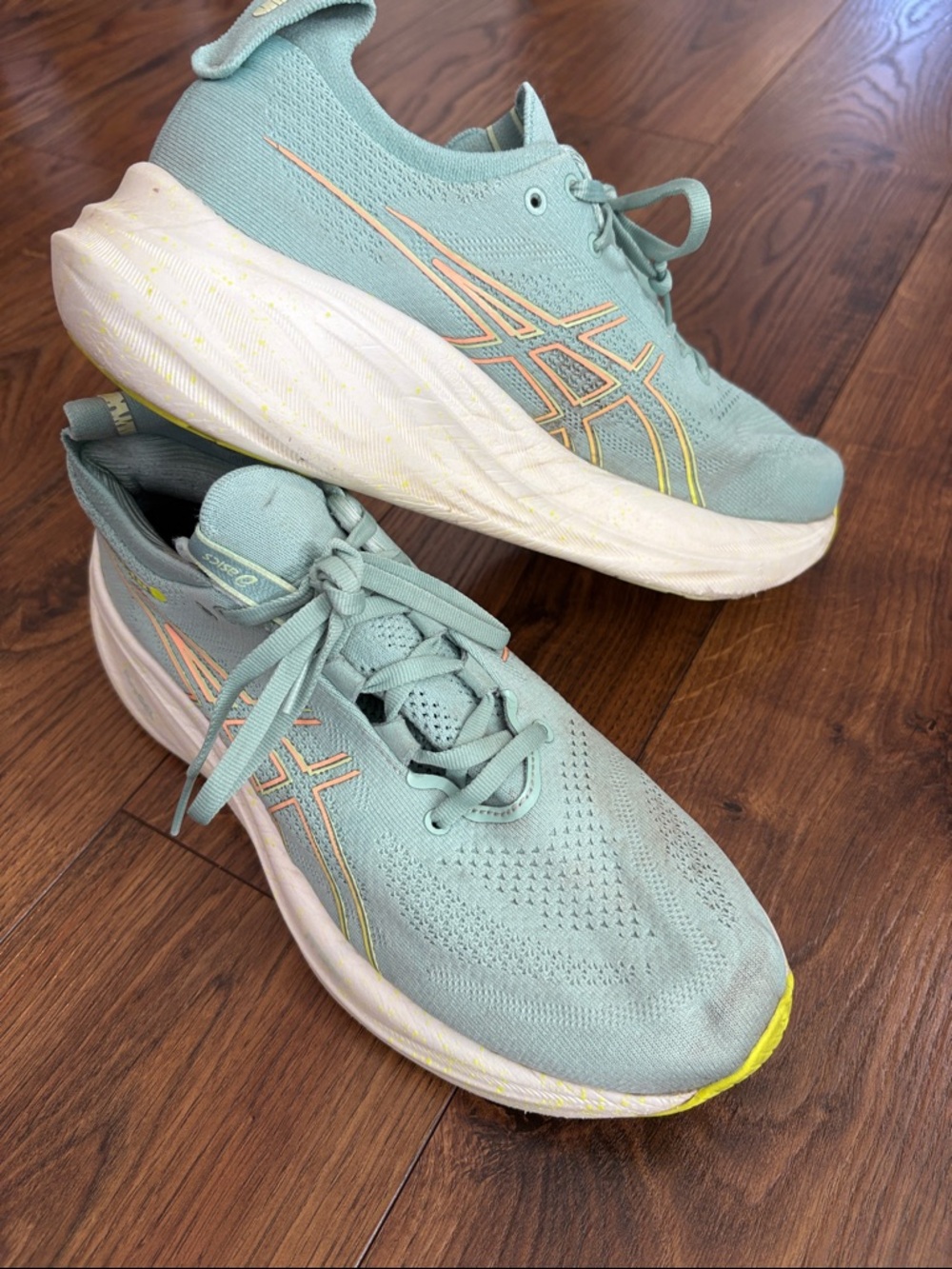 Asics Mint Green Athletic Running Shoes with Peach and Yellow Accents